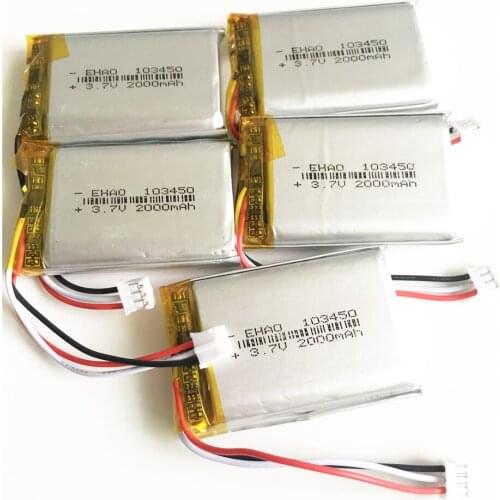 5 pcs 103450 with JST PH 2.0mm 3pin plug 3.7V 2000mAh lipo polymer lithium rechargeable battery for GPS navigator DVD camera