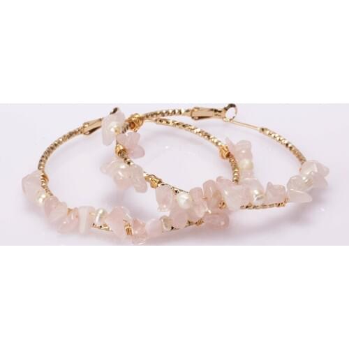 Raw pale pink crystal stone beaded & white freshwater pearl bead charm copper wire-wrapped gold round big hoop earring for woman