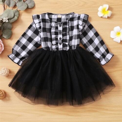 Autumn Baby Girl Casual Long Sleeve Princess Puffy Dress Fashion Kids Patchwork Plaid Mesh Yarn Button A-Line Dress 2021
