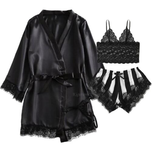 Black Satin Lace Silk Pajamas Sets Womens 3PC Strap Top Pants Suit Sleepwear Spring SummerHome Wear Nightwear Bath Gown S-XL