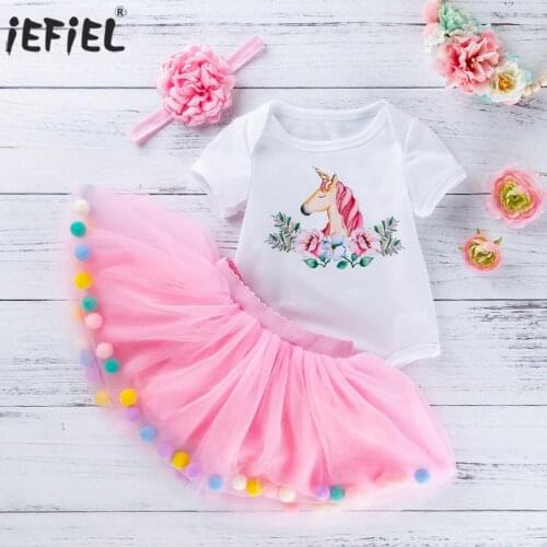 Infant Baby Girls First 1st Birthday Princess Outfit Print Romper Tops With Rainbow Tutu Skirt Set for Party Holiday 0-12Months