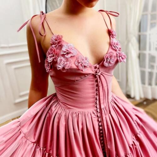 UZN Elegant Pink V-Neck Pleated A-Line Prom Dress Sexy Spagetti Straps Backless Evening Dress Plus Size Party Dress with Flowers