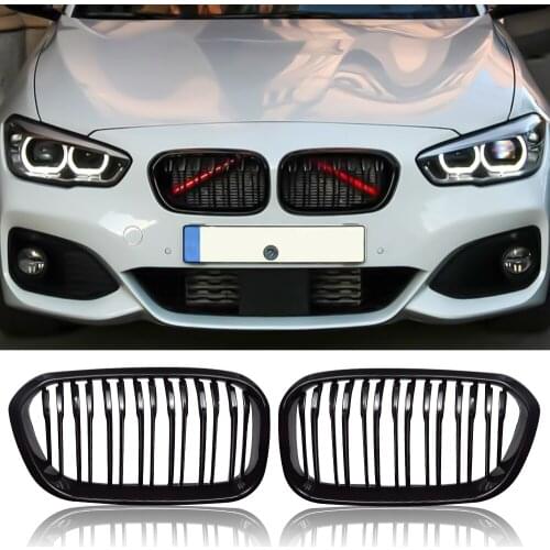 Modified For 1 Series F20 LCI 120i Grills 2015 2016 2017 2018 Glossy Black Double Slat Line Front Racing Grill Kidney Grille