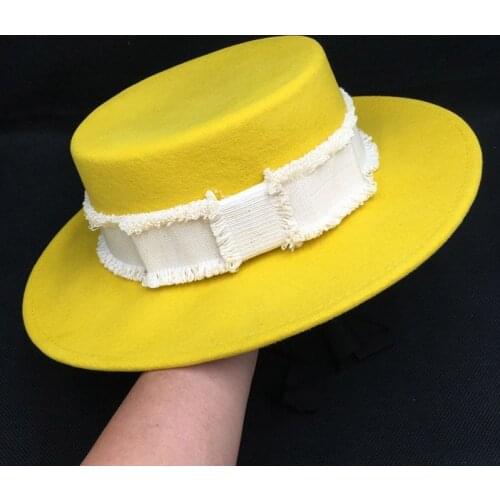 Women Yellow Wide Brim Felt Hat White Ribbon Band Winter Fedora Wool Flat Top Hat Church Derby Bowknot Cap Adjustble