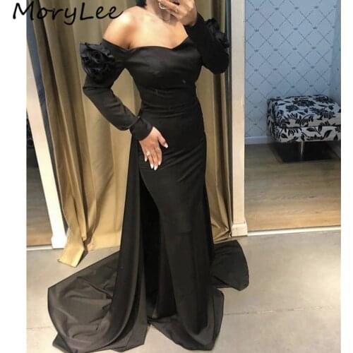 Mermaid Evening Dresses Boat Neck Long Sleeves Floor Length Satin Pleated Sweep Train Evening Dress vestidos de fiesta de noche