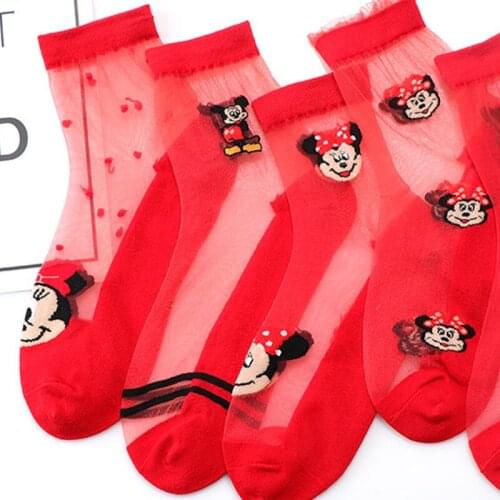 Spring Summer Socks Mickey Minnie Creative Design Thin Stripe Transparent Glass Silk Socks Fashion Funny Socks For Women