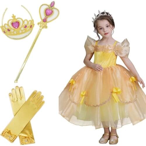 Yellow Princess Costume Halloween Cosplay Party Dresses For Kids Children Ankle-Length Cute Style Bow Dresses 4-10 Yrs Kids