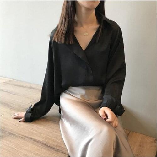2021 Summer Autumn Elegant Womens Satin Silk Shirts Solid Color Long Sleeve Lapel Loose Blouses Office Lady Single-breasted Top