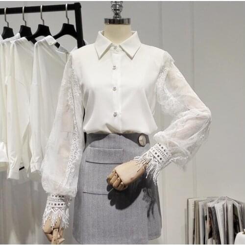 Womens spring autumn Long lace sleeve white chiffon shirt female casual loose basic OL Shirt plus size chic Blouse TB493