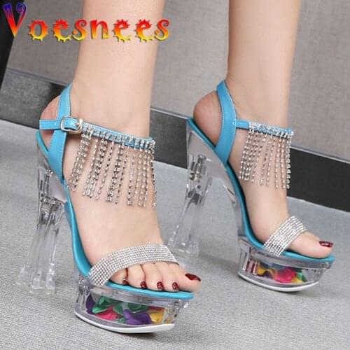 Voesnees Sandals Women Sparkling Tassel Drill Platform Transparent Crystal High Heels Nightclub Model Catwalk Pole Dance Shoes