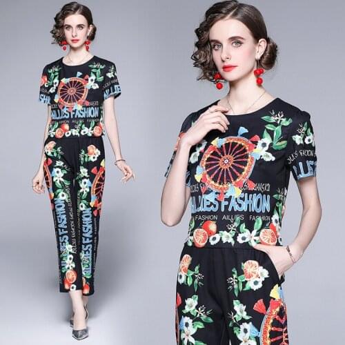 Dropshipping Summer Fall Runway 2 Piece Women Ladies Set Vintage Print Crew Neck Short Sleeve Top Shirt Blouse Pant Suits Outfit