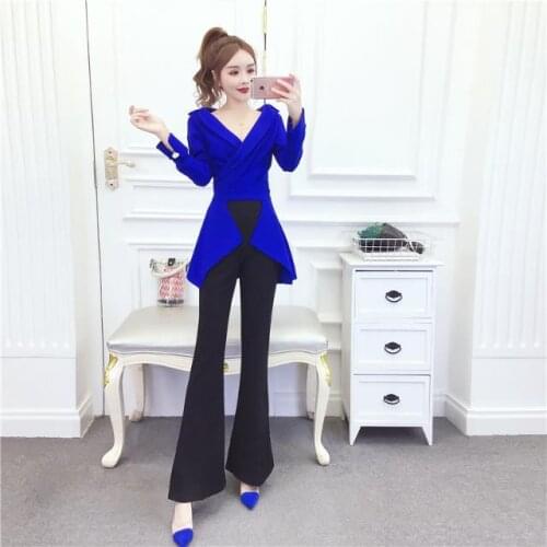 Women 2021 Spring Autumn Fashion Casual Suit Pants 2 Piece Set Office Lady Outfits V-neck Long Sleeve Blouse and Pants Sets B240