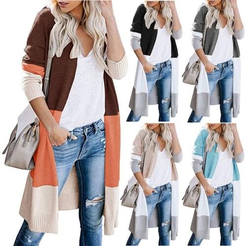 2021 Autumn Spring Ladies Multicolor Knitted Sweater Stitching Striped Long Cardigan Sweater Coat Long Sleeves Daily Accessories