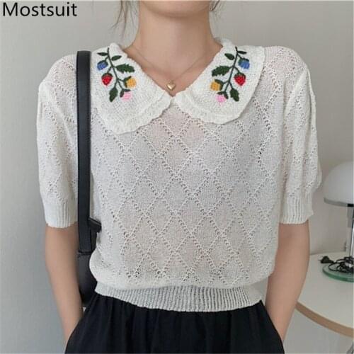 Korean Vintage Knitted Pullover Women Summer Floral Embroidered Short Sleeve Peter Pan Collar Knitwear Tops Jumpers 2021