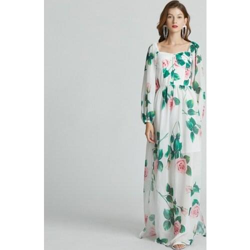 2021 New Summer Fashion Runway Maxi Dresses Womens Vintage Rose Print Holiday Boho Long Dress Plus Size Elgant Sexy Robe Femme