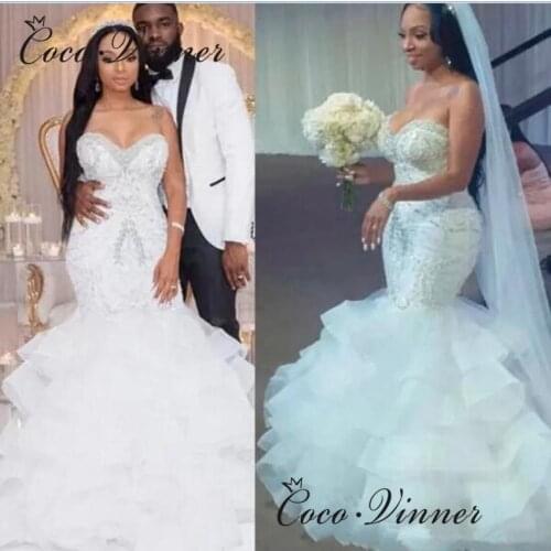 Heavy Cystal Beading Ruched Organza Mermaid Wedding Dress New Sweetheart Neck Lace Up back Pure White Wedding Dresses W0806