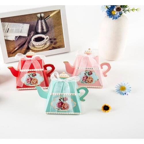 10pcs Pink Blue Red Teapot shaped Wedding Candy Box Flower Wedding Gift Packaging Box Teapot Favor Gift Box for Wedding Guest