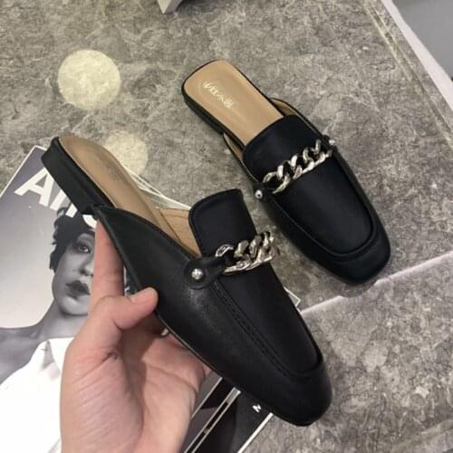 2020 Brand Chain Slippers FlipFlops Ladies Shoes Home Slides Women Mules Flats Square Toe Shoes Sandalias Low Heel Slippers Shoe