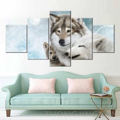 Animals White Mother Wilk and Two Little Wilk 5 Piece Wallpapers Modern Poster Canvas Art Modular Painting for Living Room Decor