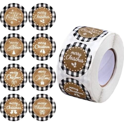 L4MB 500pcs Merry Christmas Stickers 1.5 Inch Plaid Decorative Sticker Wrapping Gift