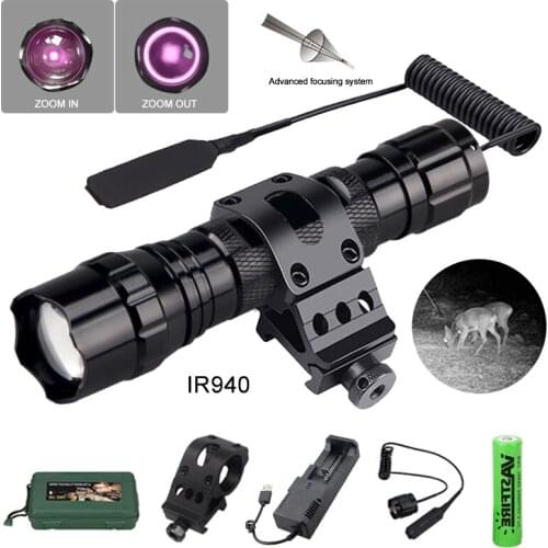 501B LED Infrared Flashlight Zoomable Hunting Torch 940nm/850nm Adjustable IR light Night Vision+18650+Charger+Mount+Switch+Box
