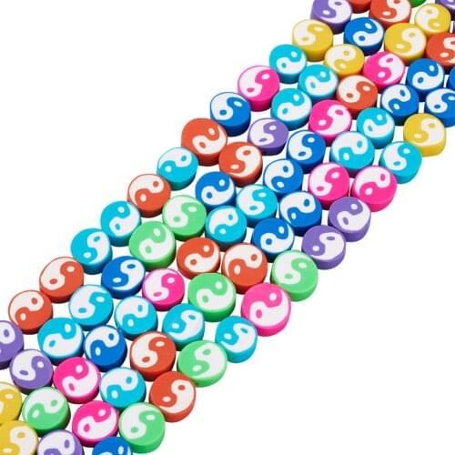 About200pcs Handmade Polymer Clay Beads Flat Round with Taiji Pattern for DIY Bracklet Necklace Earring Making Decor Accessorie