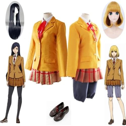 Anime Prison School Kurihara Mari Midorikawa Hana Cosplay Costume School Uniforms Brown Jacket Coat Top Cosplay Wig Shoes Suits