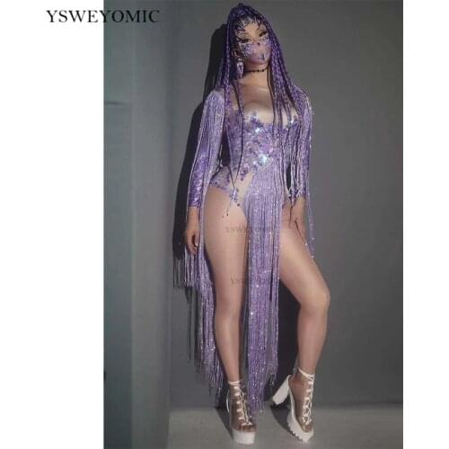 Purple Shining Sequin Fringes Long Sleeve Spandex Bodysuit Nigthclub Outfit Dance Costume Stage Wear Performance Show DJ Leotard