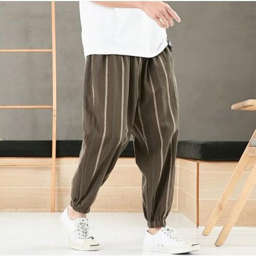 Ropa De Hombre 2021 Summer New Chinese Style Striped Cotton Linen Cropped Pants Youth Large Size Loose Beam Feet Trousers