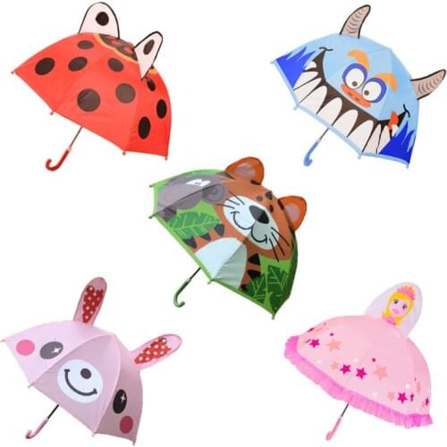 Children Umbrella with Animal Ears Boys Girls Cartoon Long Handle Light Umbrella B2QC