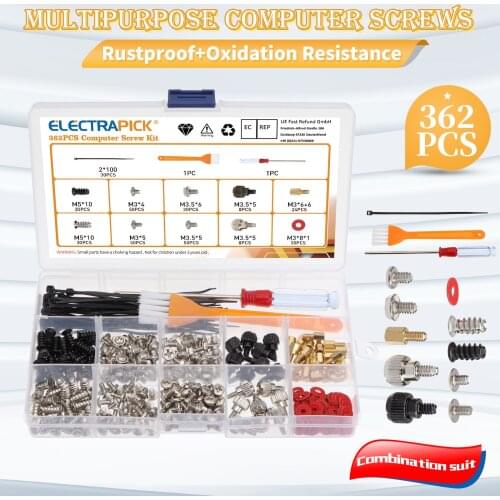 ELECTRAPICK 362pcs Computer Screws Kit for Motherboard PC Case Fan CD-ROM Hard Disk Notebook Metic Nut and Bolt Assortment