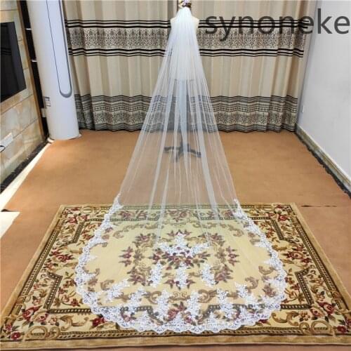 2021 Real Photos Bling Sequins Partial Lace Edge One Layer Cathedral Wedding Veil with Comb Elegant Bridal Veil Velo De Novia