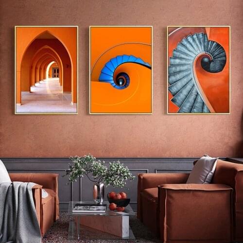 Scandinavian Poster Modern Orange Architecture Building Canvas Painting Abstract Stairs Aisle Print Wall Art Living Room Decor