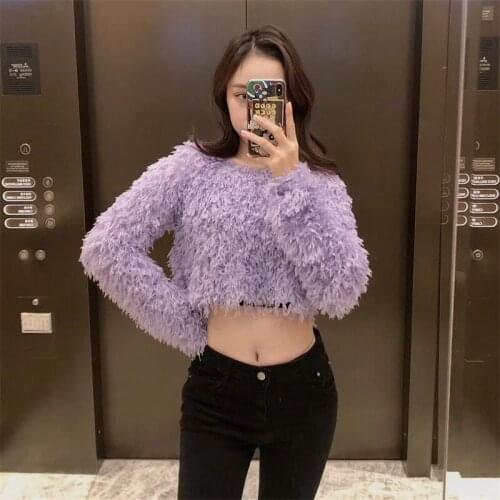 Klacwaya Womens Fashion Feather Effect O-Neck Long-Sleeved Top Chic Soft Sports Short Pullover Spring And Autumn New