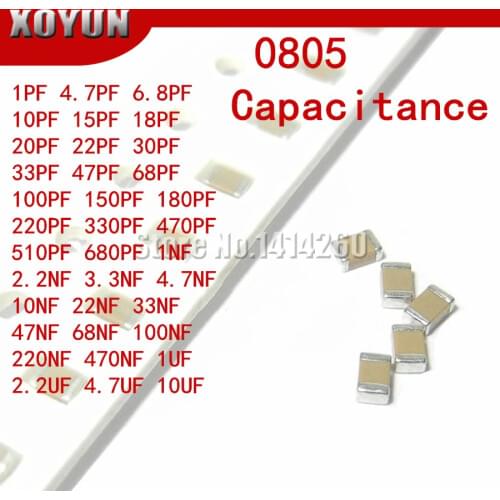 100pcs 0805 smd capacitor ceramic 1PF-10UF 20PF 220PF 330PF 680PF 4.7NF 22NF 33NF 10NF 220NF 1UF 2.2UF 4.7UF 10UF capacitors