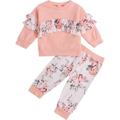 Kid Girls T-shirt Trousers Suit Ruffles Long Sleeve Tops Flower Pants Baby Clothing Sets