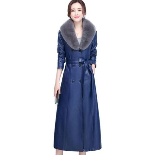 PU 2020 New Womens Leather Jacket for Winter Add Cotton Warm Slim Big Fur Collar Long Leather Coat Female Outerwear 7XL A 392