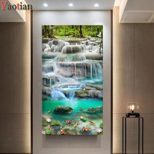 Full Resin Square Landscape waterfall koi fish lotus Diamond Painting Cross Stitch Kits 5D Diamond Embroidery Needlework