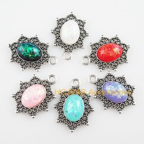 12 New Oval Flower Resin AB Shivering Mixed Charms Tibetan Silver 22x29mm