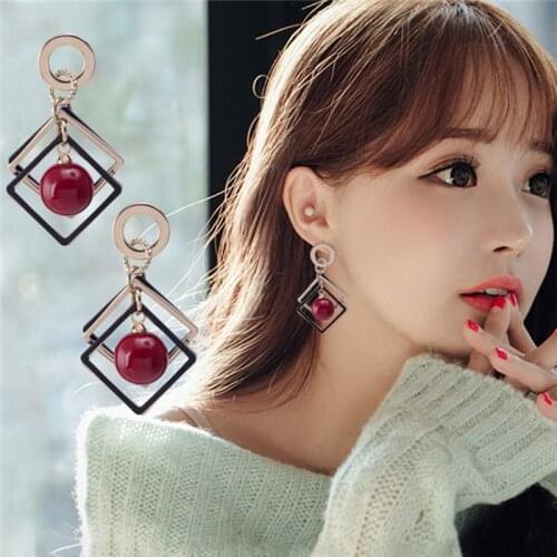 Hot new Geometric Big Hollow Statement Earrings Women Bts Korean Earrings Geometric Round Square Red Beads Earrings Jewelry