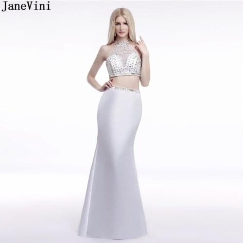 JaneVini Sexy White Mermaid Two Piece Bridesmaid Dresses Floor Length Satin O Neck Beaded Crystal Backless Long Party Prom Gowns