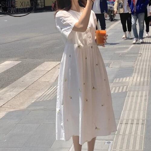 Chic Floral Embroidery Dresses Women Vintage Puff Sleeve Summer Dress V-neck Long Dress Plus Size Loose Party Dresses 13845