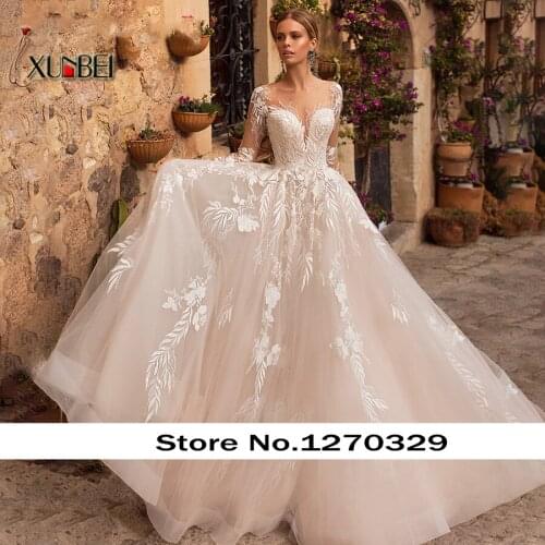 Mariage Bride Dresses A-Line Wedding Dresses Long Sleeve Button Illusion Appliques Robe De Mariee Bride Dresses