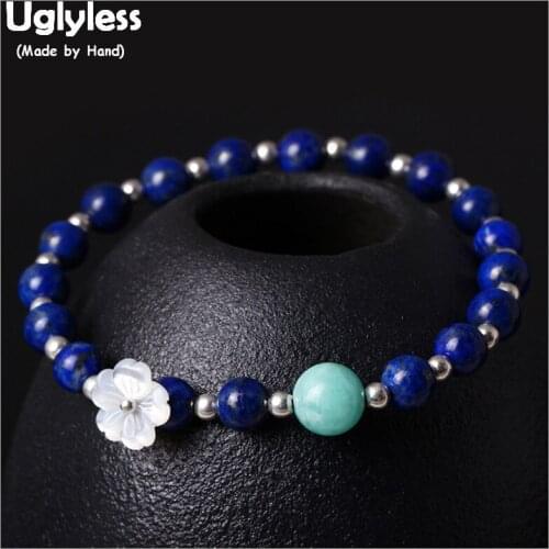 Uglyless 100% Real 925 Sterling Silver Balls Beading Bracelets for Women Elastic Rope Lapis Beads Bracelet Shell Flower Jewelry