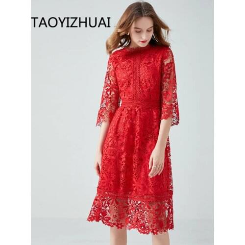 Water soluble lace dress European Station Red mid-length temperament tummy hiding slimming crocheted hollow-out fat girl dress