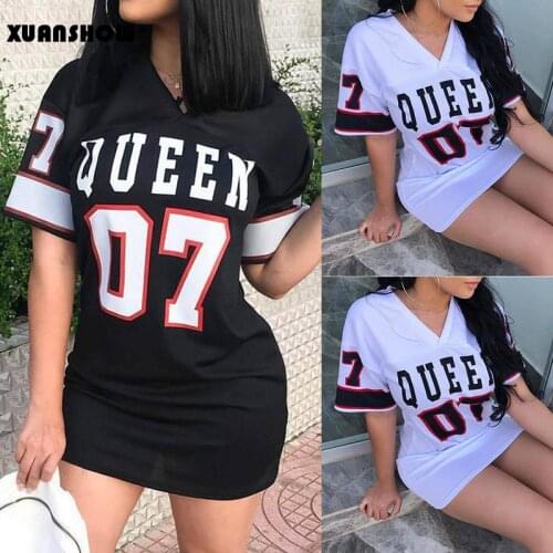 XUANSHOW 2020 Summer Dress Women New Casual Loose Cotton Linen Sexy Short Sleeve V-neck QUEEN 07 Letters Bodycon Dress Vestidos