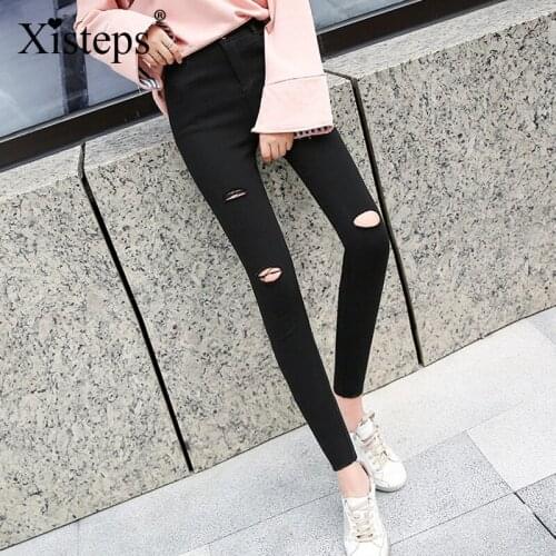 Xisteps Women Magic Pencil High Stretch Skinny Pants Boyfriend Street Wear Holes Elastic Waist Slim Trousers Ankle Length Sexy