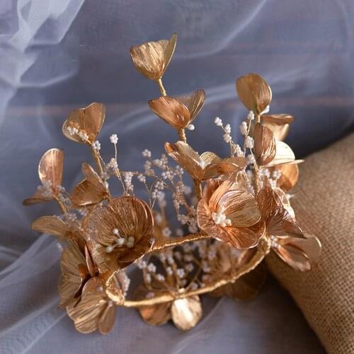 Vintage Gold Leaf Crown Pearl Tiara Handmade Crowns Wedding Headband Women Hairband Bridal Headpiece