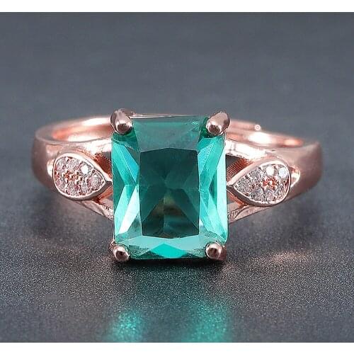 Elegant square green crystal emerald gemstones diamonds rings for women rose gold color bague jewelry bijoux party accessories