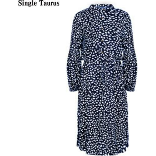 2020 Spring Fall Female Dress Fashion Long Sleeve Simple Printing Vestidos Streetwear Loose Stand Neck Midi Dresses for Women